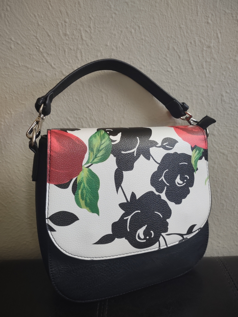 K. Carroll Accessories Floral Rose Crossbody Handbag - Black White & Red - Picture 4 of 16